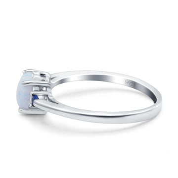 Art Deco Heart Three Stone Wedding Bridal Ring Round Blue Sapphire Lab Created White Opal 925 Sterling Silver